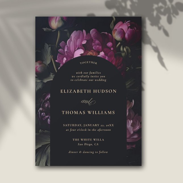 Convite Casamento Elegante de Boho Boho, uma Penitenciária (moody floral wedding invitation modern vintage pink peony dark elegant classic formal boho arch)