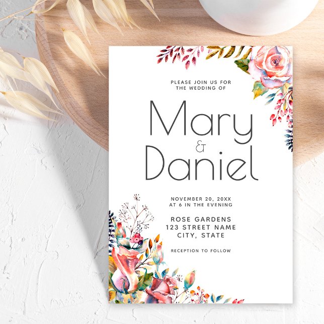 Convite Casamento Elegante de Borda Floral de Blush Waterc (Criador carregado)