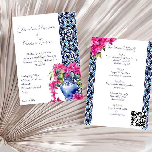 Convite Casamento elegante de Bougainvillea, Azulejos fran (Blue French Mediterranean Tiles Bougainvillea elegant all in one wedding Invitation template digital)