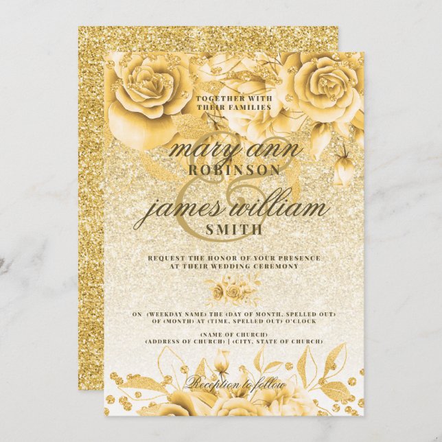 Convite Casamento Elegante de Brilho Floral Dourado (Frente/Verso)
