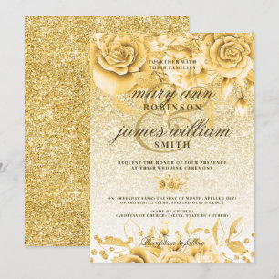 Convite Casamento Elegante de Brilho Floral Dourado