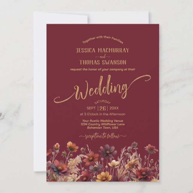 Convite Casamento Elegante de Burgundy Rústico Boho com Fl (Frente)