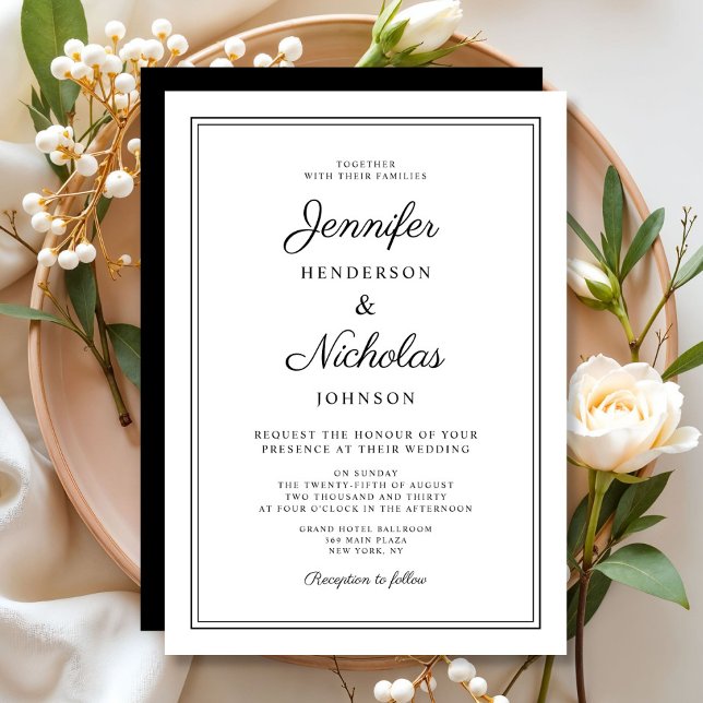 Convite Casamento Elegante De Caligrafia Branca E Preta (Elegant Black And White Calligraphy Wedding Invitation)