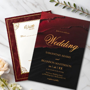 Convite Casamento Elegante de Caligrafia Dourada Vermelha