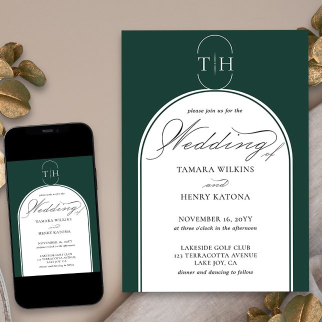 Convite Casamento Elegante de Caligrafia Emerald Green Mon (Elegant monogrammed wedding invitation in emerald green from my Wedding Colors collection)
