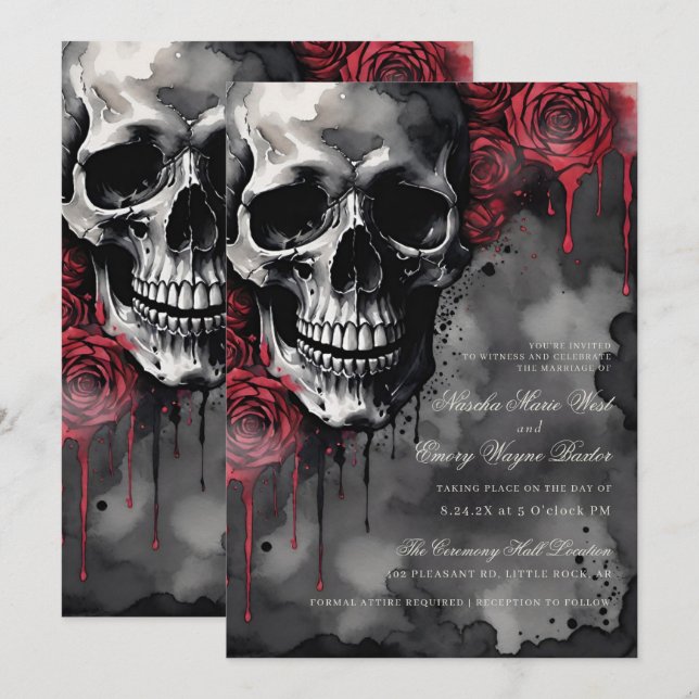 Convite Casamento elegante de caveira gótica e Rosas (Frente/Verso)