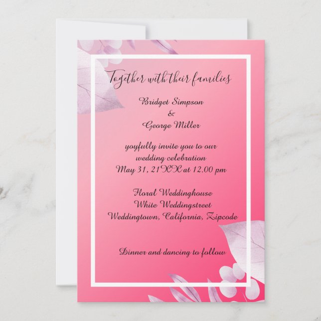 Convite casamento elegante de cereja rosa com flores verde (Frente)