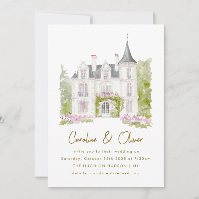 Convite Casamento Elegante de Chateau Watercolor Francês (Frente)