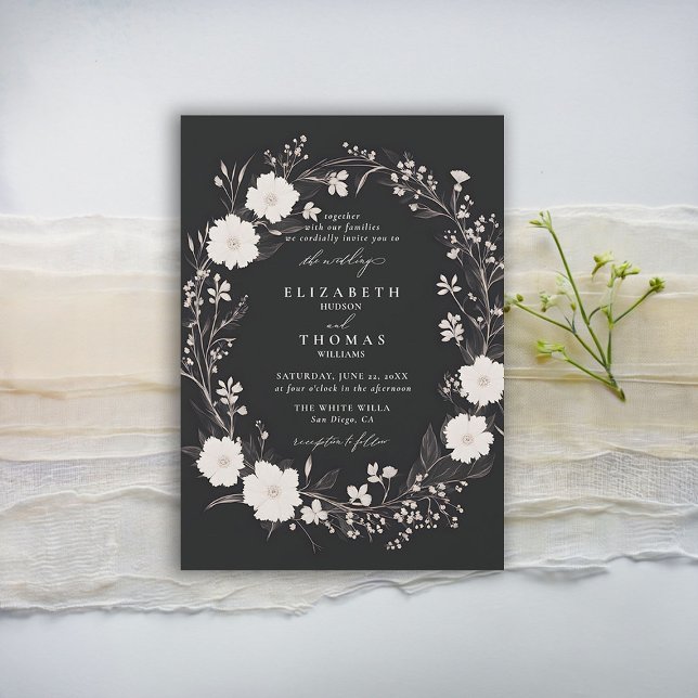 Convite Casamento Elegante De Chic Branca Negra Negra (wildflowers wedding invitation black and white floral wreath formal elegant modern romantic boho)