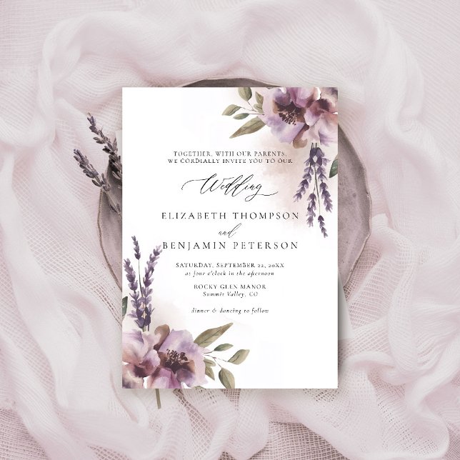 Convite Casamento Elegante De Chic Floral Roxo-Lavanda Rús (rustic lavender wedding invitation watercolor elegant floral mauve purple barn ranch garden)