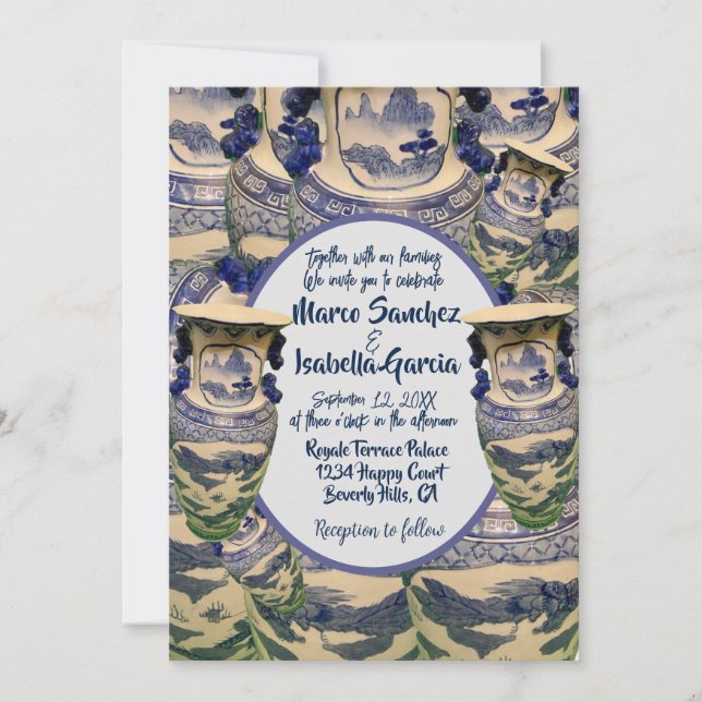 Convite Casamento elegante de chinoiserie azul e branca (Frente)