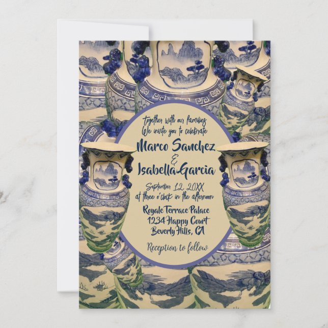Convite Casamento elegante de chinoiserie azul e branca (Frente)