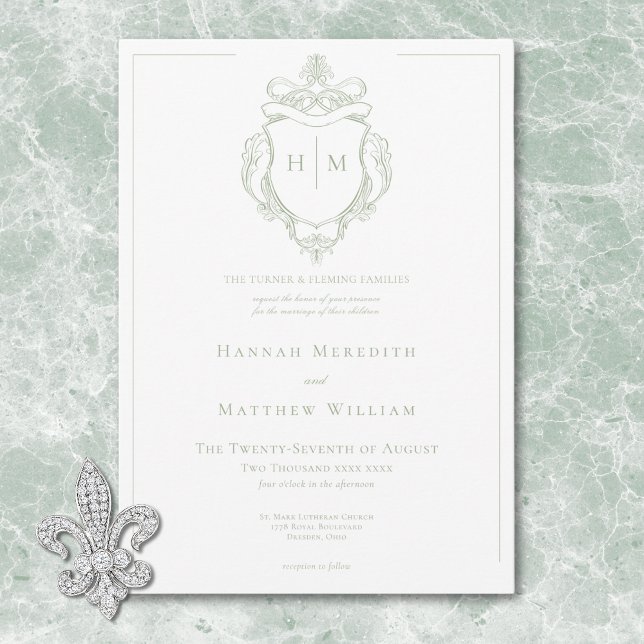 Convite Casamento Elegante de Chinoiserie Bird & Crest (Elegant Green Chinoiserie Bird & Crest Wedding Invitation)