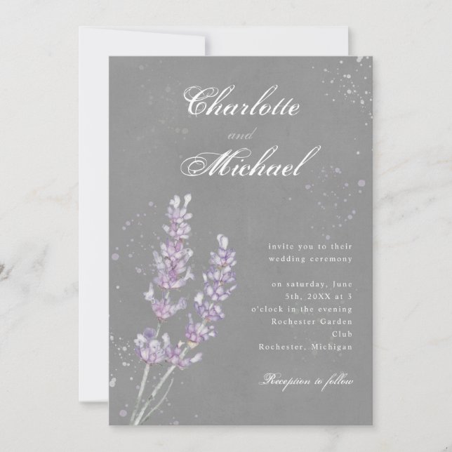 Convite Casamento elegante de cinzas de lavanda de aquarel (Frente)