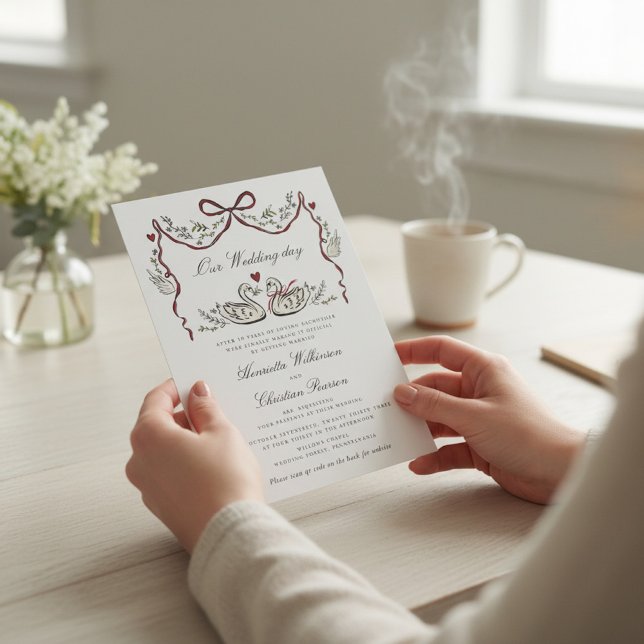 Convite Casamento Elegante de Cisnes com Grinalda e Fita V (Criador carregado)