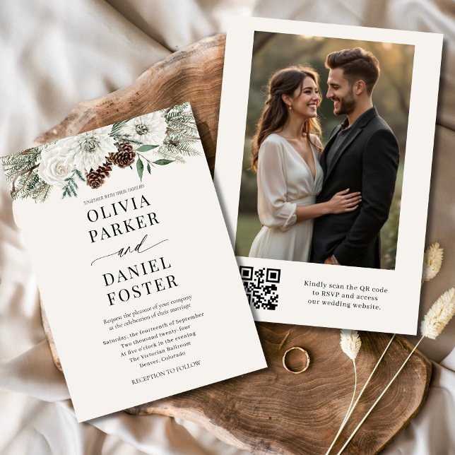 Convite Casamento Elegante de Código QR de Foto de Inverno (Criador carregado)