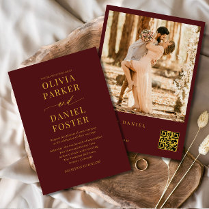 Convite Casamento Elegante de Código QR Dourado Burgundy