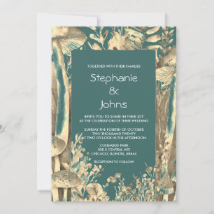 Convite Casamento Elegante De Cogumelos Dourados De Teal E