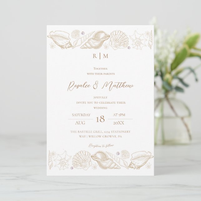 Convite Casamento Elegante de Conchas de Praia em Branco e (Em pé/Frente)