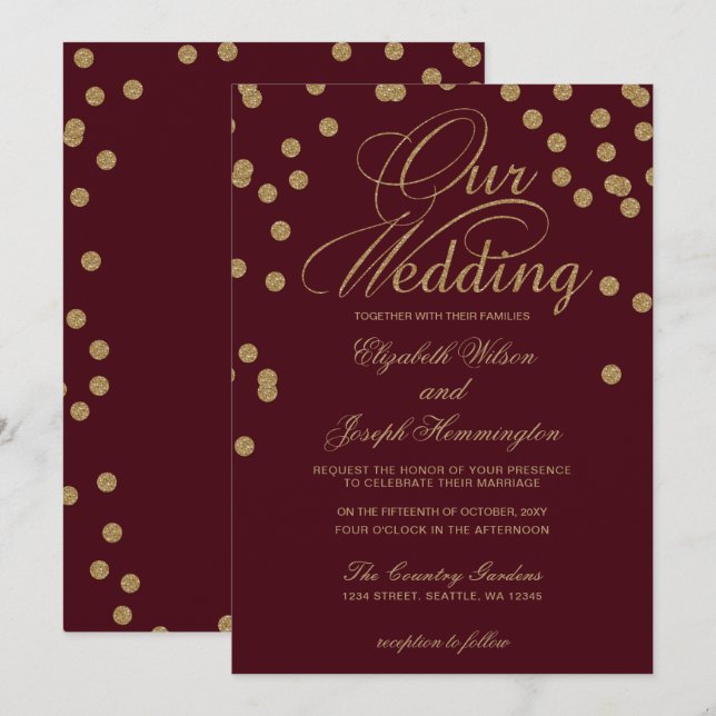 Convite Casamento Elegante de Confetti Confetti Dourado Bu (Frente/Verso)