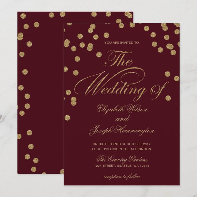 Convite Casamento Elegante de Confetti Confetti Dourado Bu (Frente/Verso)