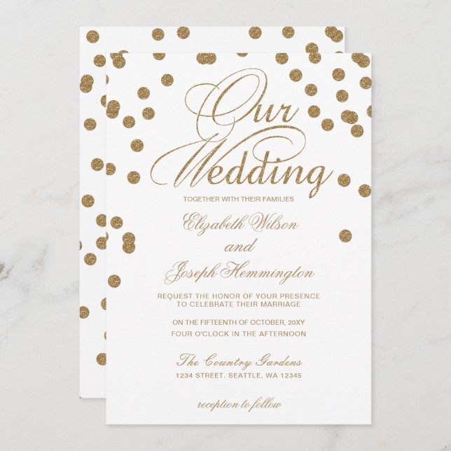 Convite Casamento Elegante de Confetti Dourado Branco (Frente/Verso)