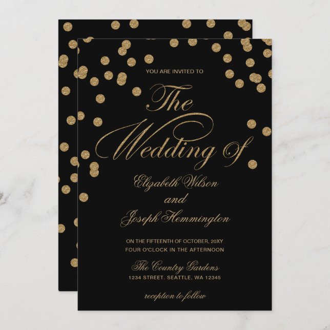 Convite Casamento Elegante de Confetti Dourado Negro (Frente/Verso)