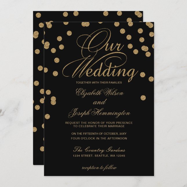 Convite Casamento Elegante de Confetti Dourado Negro (Frente/Verso)