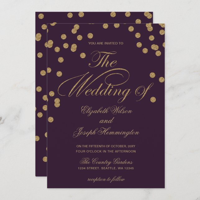 Convite Casamento Elegante de Confetti Dourado Roxo (Frente/Verso)