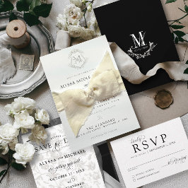 Convite Casamento elegante de Crest. Vintage preto e branc