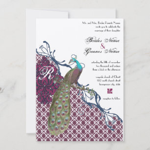 Convite Casamento Elegante de Damasco com Pavão Azul Marin