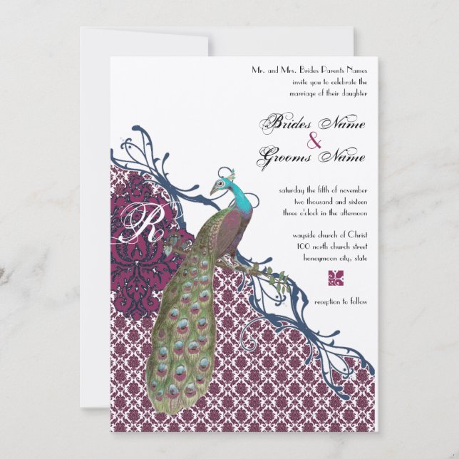Convite Casamento Elegante de Damasco com Pavão Azul Marin (Frente)