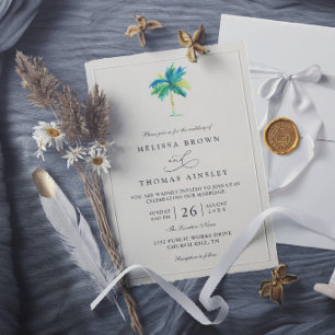 Convite Casamento Elegante de Destino de Palmeira em Aquar