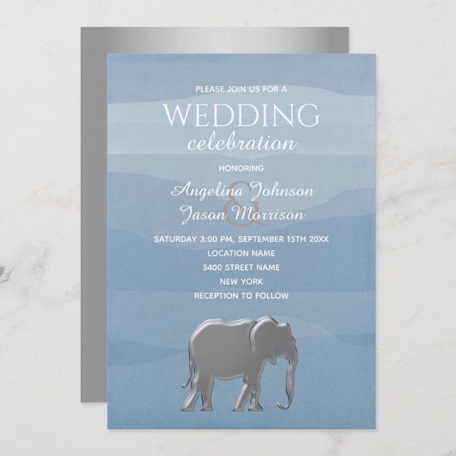 Convite Casamento Elegante de Elefante Azul de Prata (Frente/Verso)