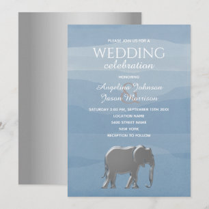 Convite Casamento Elegante de Elefante Prateado em Azul Em