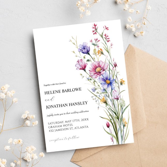 Convite Casamento Elegante De Flor Selvagem Por Aquarelas (Watercolor Whimsical Wildflower Elegant Wedding Invitation)