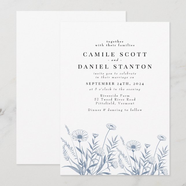 Convite Casamento Elegante de Flor Silvestre Periwinkle (Frente/Verso)