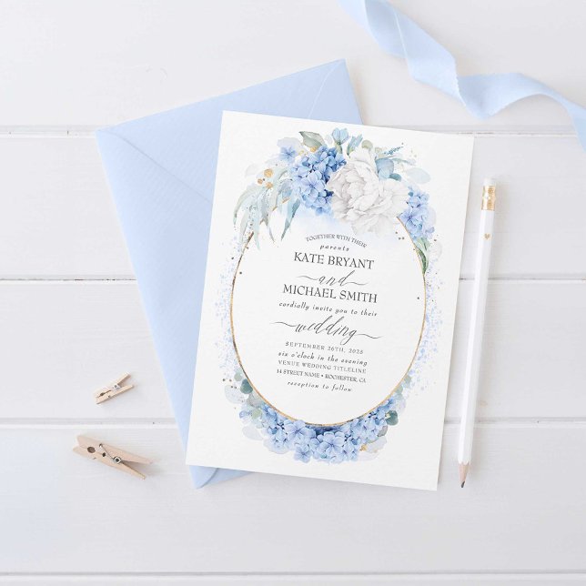 Convite Casamento Elegante de Flores Brancas e Azuis (Dusty Blue Wedding Invitation)