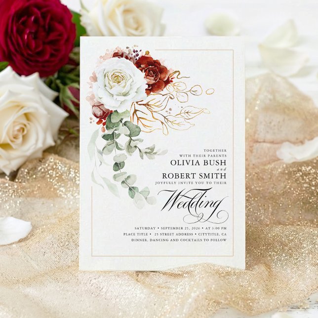 Convite Casamento Elegante de Flores Brancas Vermelhas e B (Burgundy Red and White Botanical Flowers Chic Wedding Invitation)