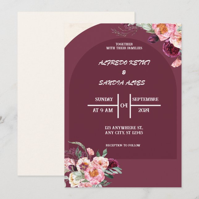 Convite Casamento elegante de Flores de Burgundy Crimson (Frente/Verso)