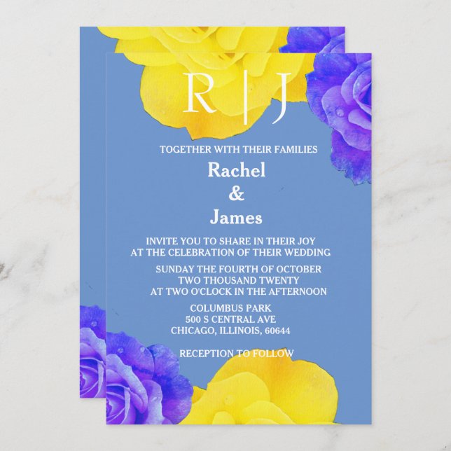 Convite Casamento Elegante de Flores Rosa Azul Amarelo (Frente/Verso)
