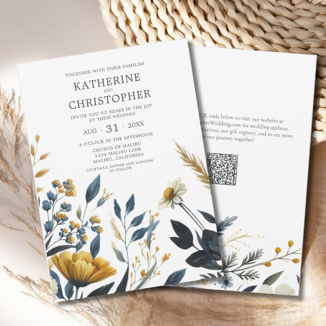 Convite Casamento Elegante de Flores Selvagens Amarelas Az (Blue Yellow Elegant Wildflowers Wedding Invitation with QR Code for Wedding Website.)