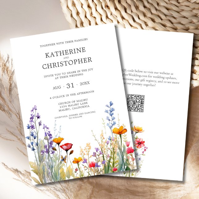 Convite Casamento Elegante de Flores Selvagens Coloridas (Colorful Wildflowers Elegant Wedding Invitation with QR Code, Orange, Red, Purple Watercolor Flowers)