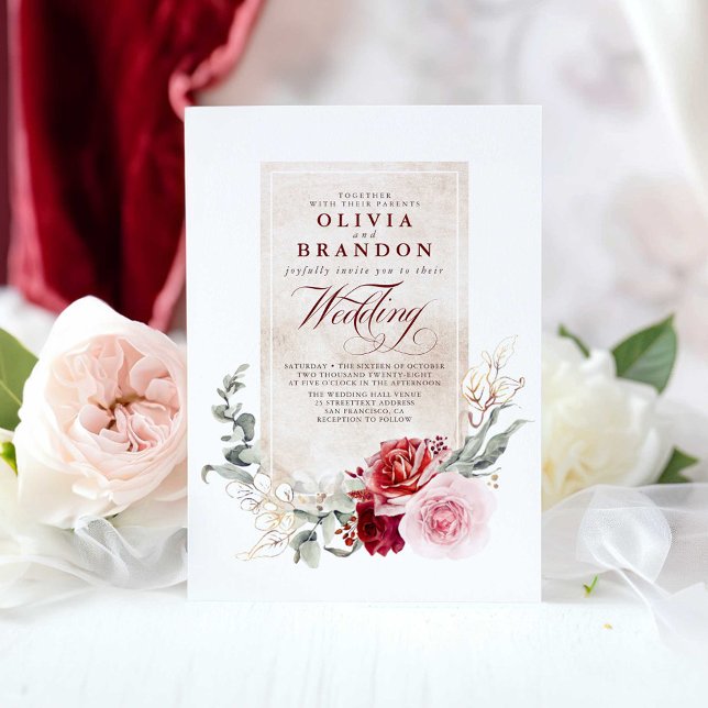 Convite Casamento Elegante de Flores Vermelhas e Rosa Bril (Burgundy red and pink floral chic wedding invitation)