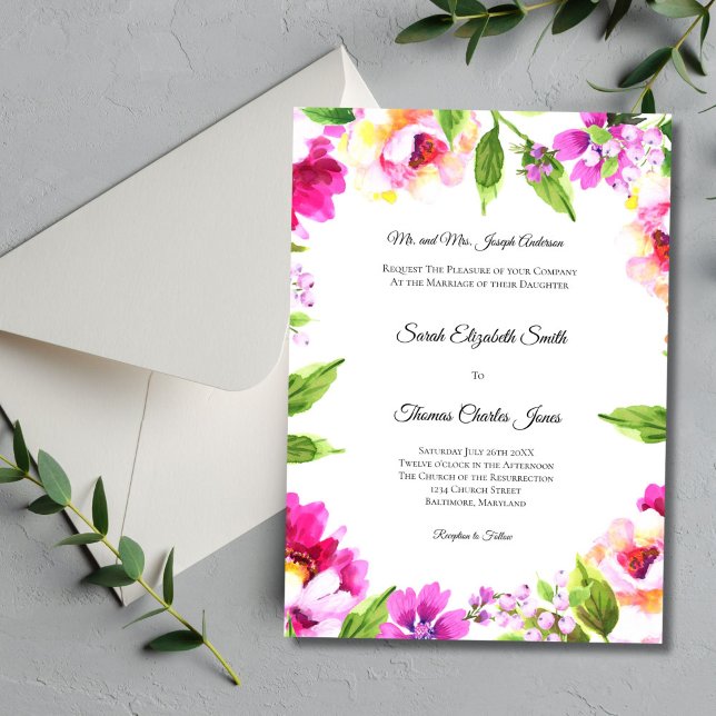 Convite Casamento Elegante de Floresta Floral Verde Rosa B (Pink Green Watercolor Floral Traditional Formal Wedding Invitation. Elegant Church Wedding)