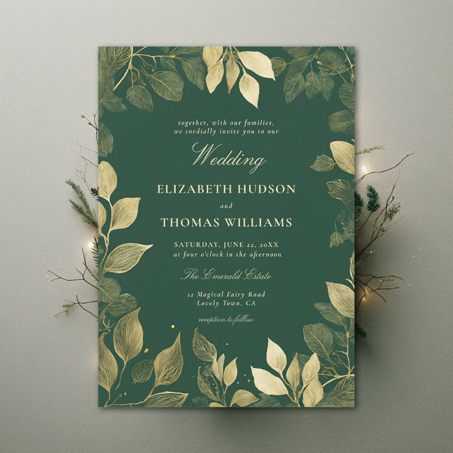 Convite Casamento Elegante de Folhagem Dourada da Floresta (enchanted forest wedding invitation gold foliage emerald green magical bespoke dark moody)