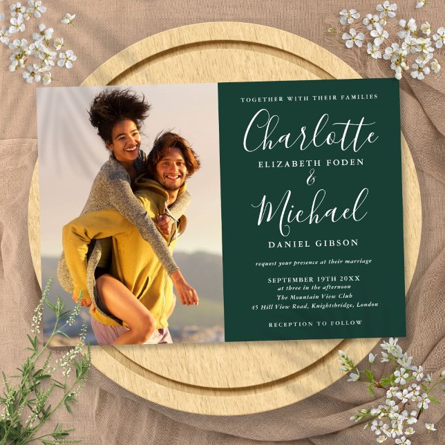 Convite Casamento Elegante De Foto De Esmeralda Verde (Elegant Script Photo Emerald Green Wedding Invitation)