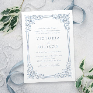 Convite Casamento Elegante de Frame de Vintagem Azul Dusty