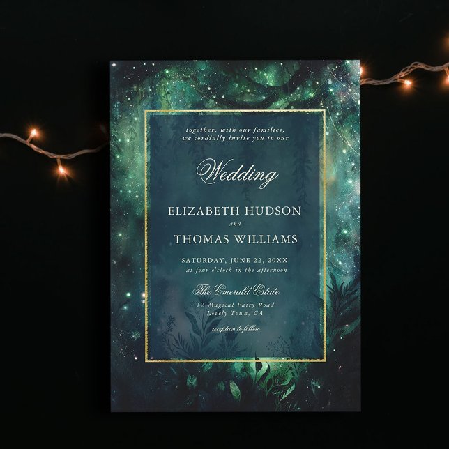 Convite Casamento Elegante de Frame Dourado da Floresta En (enchanted forest wedding invitation elegant frame faux gold magical fairy greenery garden foliage)