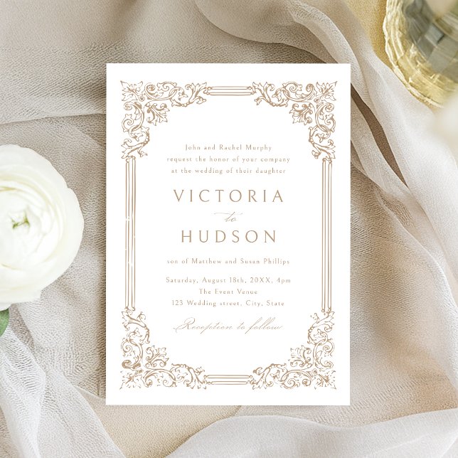 Convite Casamento Elegante de Frame Vintage Neutral (Neutral Vintage Frame Elegant Wedding Invitation)